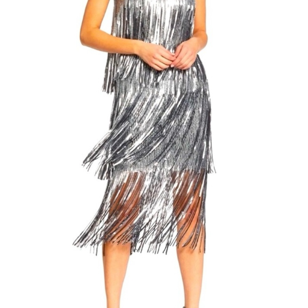 Dress the Population Metallic Fringe Midi Dress